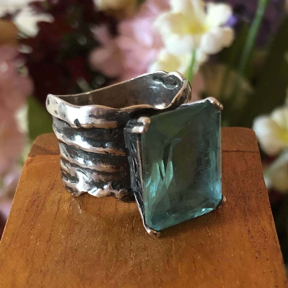Vintage Silpada Sterling Silver Aqua Glass Statement Ring Size 8 - Picture 7 of 14